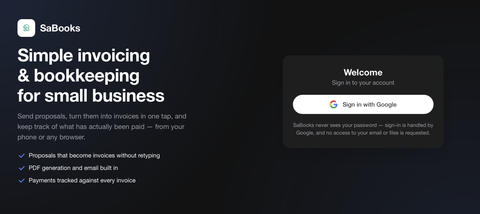The SaBooks sign-in screen, headed "Simple invoicing and bookkeeping for small business"
